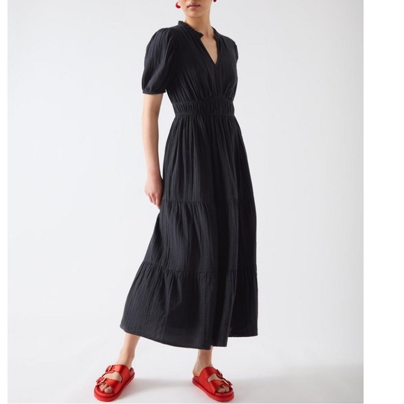 THML Dresses & Skirts - THML Black Smocked Midi Dress VNeck Short Puff Sleeves Size Large